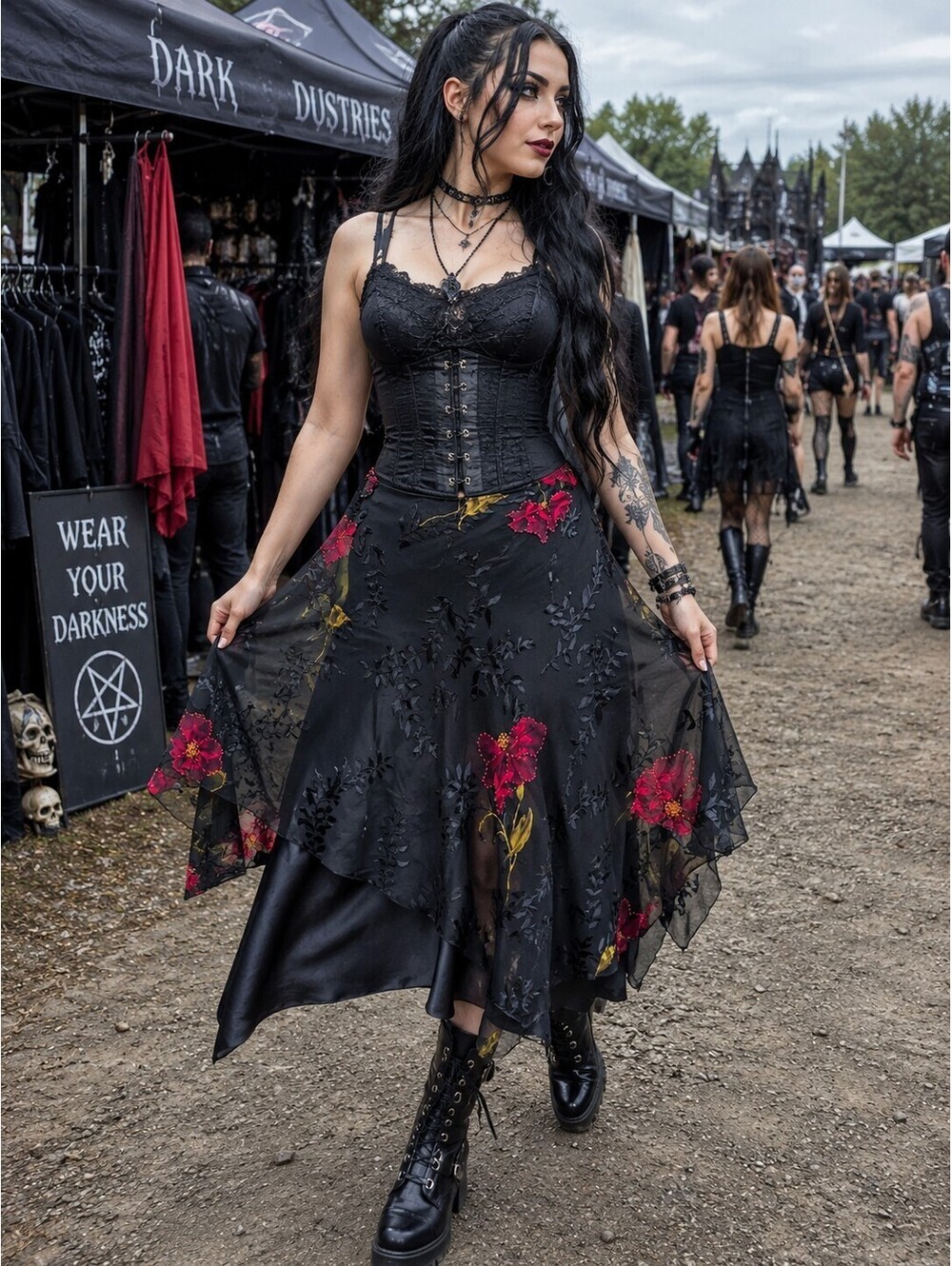 Lisbeth 100% Silk S Black Floral Burnout Chiffon Layered Asymmetrical Goth Skirt